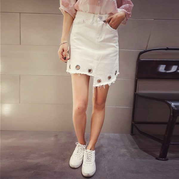 FINDSENSE G5 韓國時尚 夏季 金屬環 不規則 毛邊 高腰 修身 牛仔