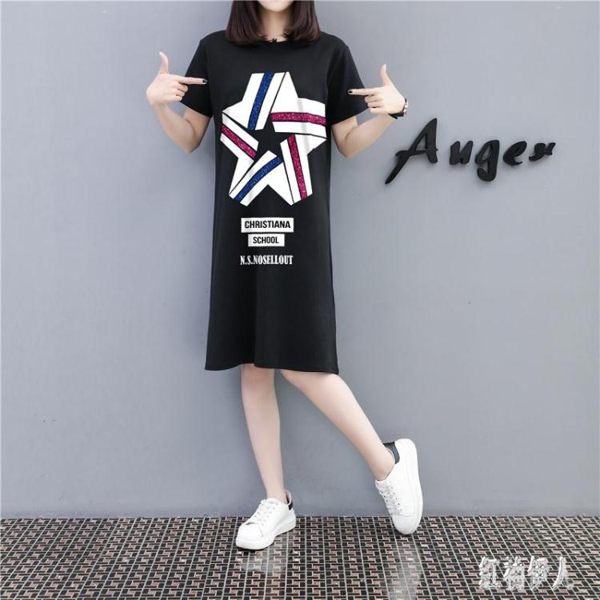 衛衣洋裝2019夏季新款女裝印花大碼寬鬆衛衣裙中長款韓版短袖T恤連身裙 PA5260『紅袖伊人』