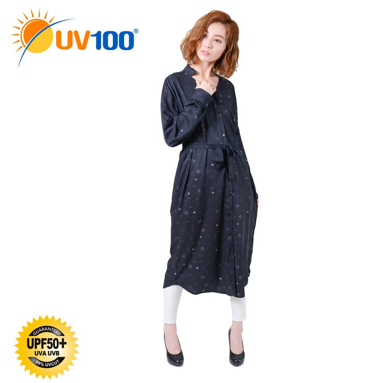 UV100 防曬 抗UV-涼感印花綁帶長版襯衫洋裝-女 - 暗夜黑【BD91052】