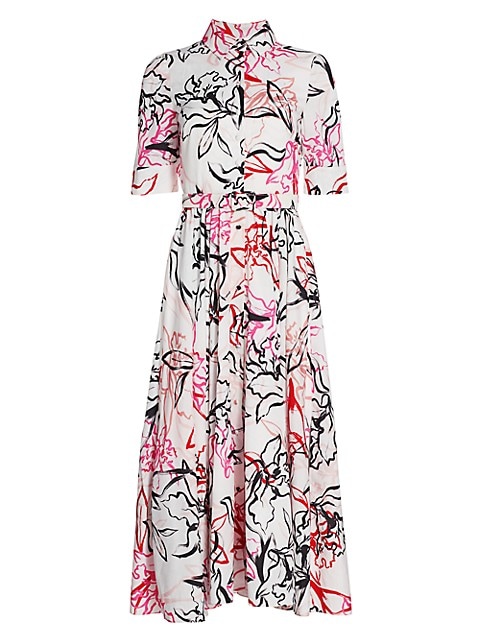 A painterly floral print puts a modern twist on the retro tea-length shirtdress.; Point collar; Elbo