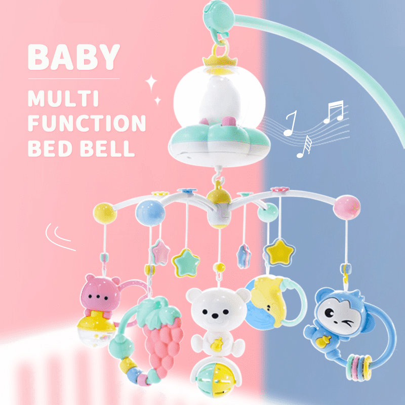 輕柔音樂安撫寶寶入睡，多功能音樂旋轉夜燈床鈴，20首輕柔安撫音樂、360度旋轉，另有小夜燈功能！五種安撫搖鈴掛件陪伴寶寶學習成長！符合安全玩具標準，寶寶玩得開心，家長也更安心～