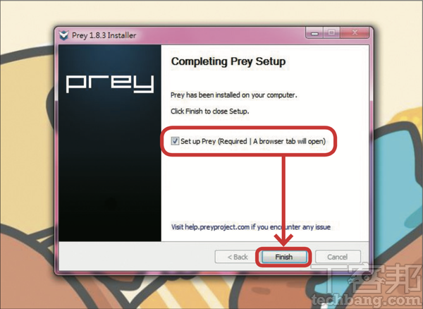 2.記得安裝過程的最後一個步驟，要勾選「Set up Prey」來開啟綁定裝置的網頁介面。