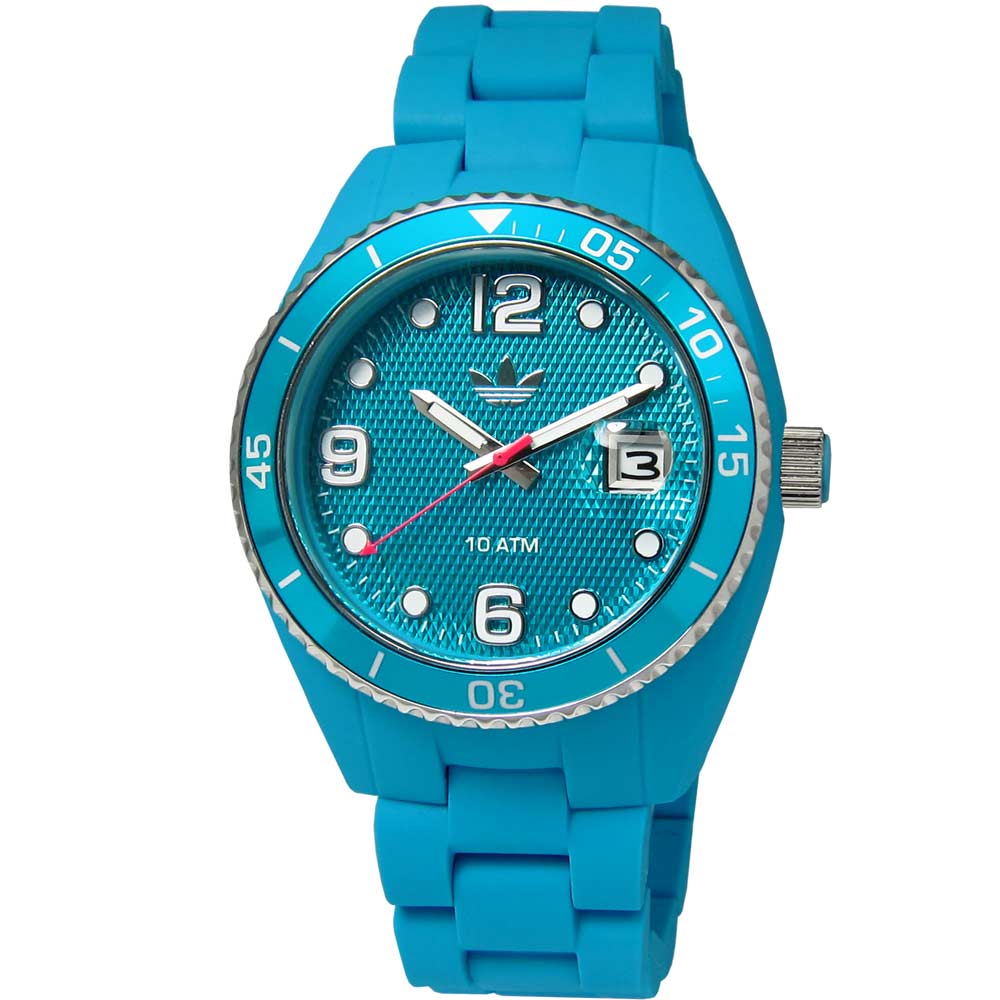 adidas / ADH6163 / Originals Brisbane‧彩色搖滾格紋矽膠腕錶-水藍色