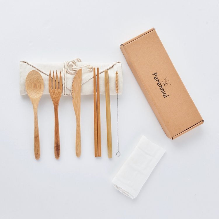 Perennial  棉麻 家庭環保 天然竹製 餐具袋組 環保餐具組 - 含餐具 - 餐具袋 餐具包 餐具套 收納袋