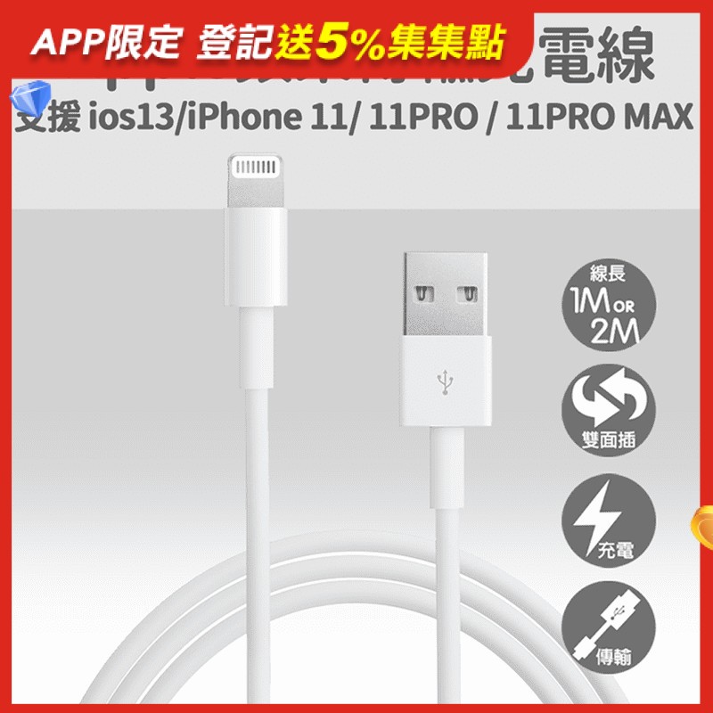 Iphone高速傳輸充電線，支援iPhone5~8/X/XS/XR系列、iPad Air、iPad Mini使用，傳輸充電兩用，效率高、速度快，不怕漫長等待，線頭雙面插不分正反，方便省時！