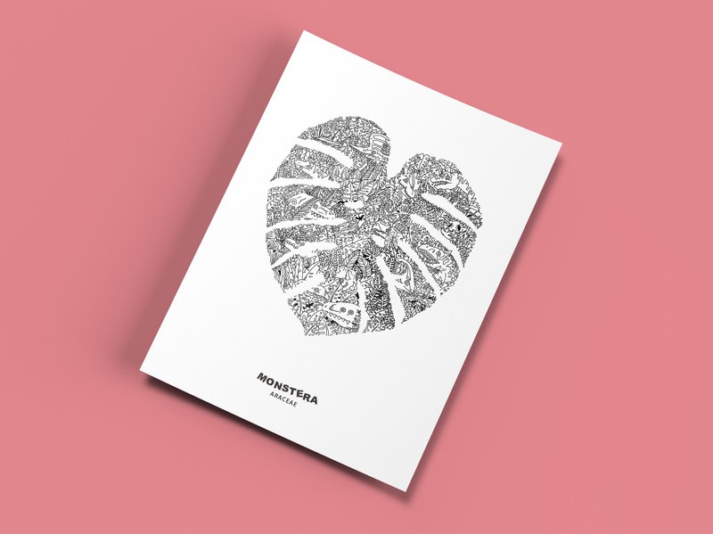 古老部落因為龜背芋會長的茂密且巨大，稱龜背芋為怪物(Monstera)，因為喜歡龜背芋的裂紋，在繪畫中把一樣巨大的恐龍結合，用躲貓貓的方式把他們藏在裡面。