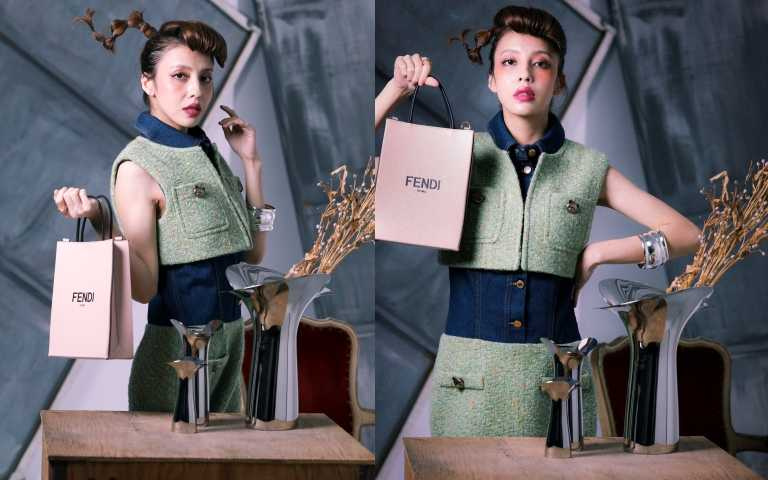 MOSCHINO毛呢牛仔布連身洋裝／79,500元、FENDI Holiday Packaging 購物包／68,000元；Georg JensenBLOOM BOTANICA系列 鏡面拋光不銹鋼 花瓶(小)／2,300元；BLOOM BOTANICA系列 鏡面拋光不銹鋼 花瓶(中) ／3,700元；BLOOM BOTANICA系列 鏡面拋光不銹鋼 花瓶(大)／6,000元；CURVE系列純銀手鐲(大)／41,600元；OFFSPRING系列18k黃金白鑽戒指／56,500元（圖／戴世平攝影）