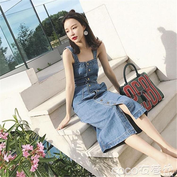 居家活動-牛仔連身裙2020春季新款學院風時尚復古單排扣連身裙女高腰中長款牛仔背帶裙