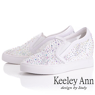 Keeley Ann墊起腳尖愛 花卉水鑽內增高休閒鞋(白色-Ann系列)