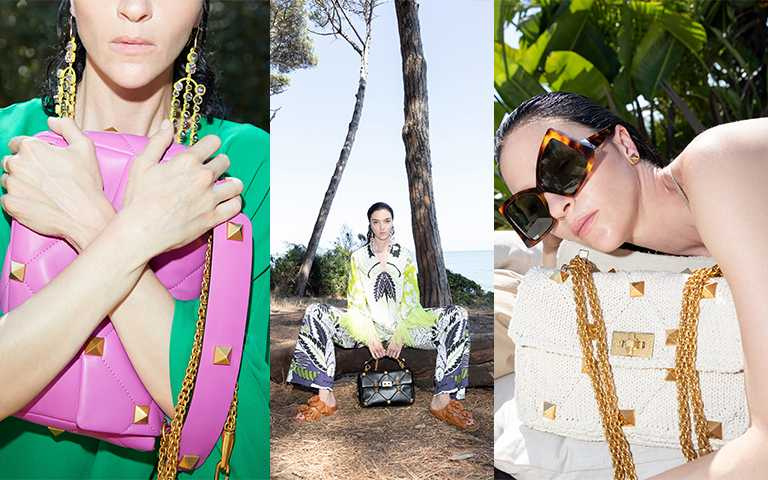 超模Mariacarla Boscono於2021早春系列中，演繹Roman Stud鉚釘鍊帶包。(圖／Valentino提供)