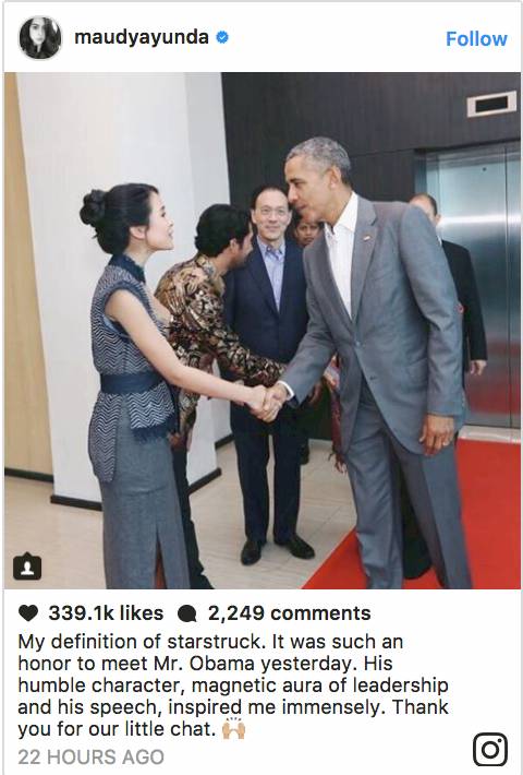 Kekaguman Maudy Ayunda pada Obama saat Bertemu di Kongres Diaspora