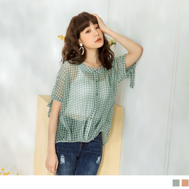 涼感雪紡清新格紋微透膚上衣