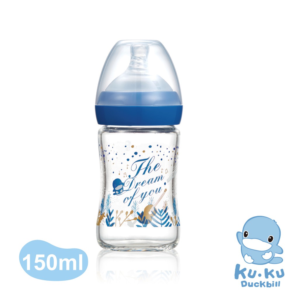 #KUKU酷咕鴨 #夢想樂章 #玻璃奶瓶【商品特色】跳脫舊式奶瓶 寶寶彷彿依靠在媽咪懷中般自然已習慣親餵的寶寶，常因不適應奶嘴口感及外型，出現拒喝奶、哭鬧的情況。酷咕鴨為體貼媽咪並達到安撫效果，獨家設