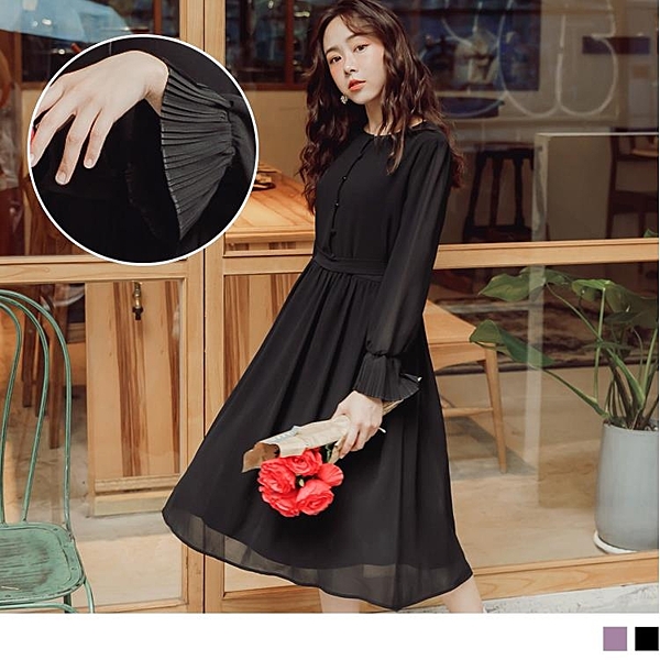 傘襬飄逸線條修飾身型展現妳的浪漫甜美氣質 袖口細緻壓褶讓妳的質感品味從小細節開始