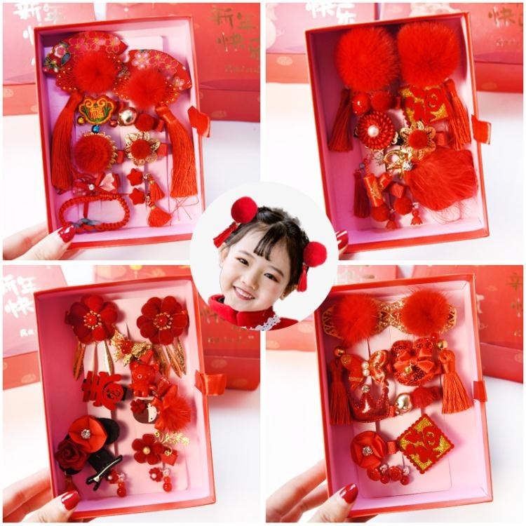 毛球流蘇髮飾中國風唐裝旗袍格格過年頭飾女童新年髮夾套裝