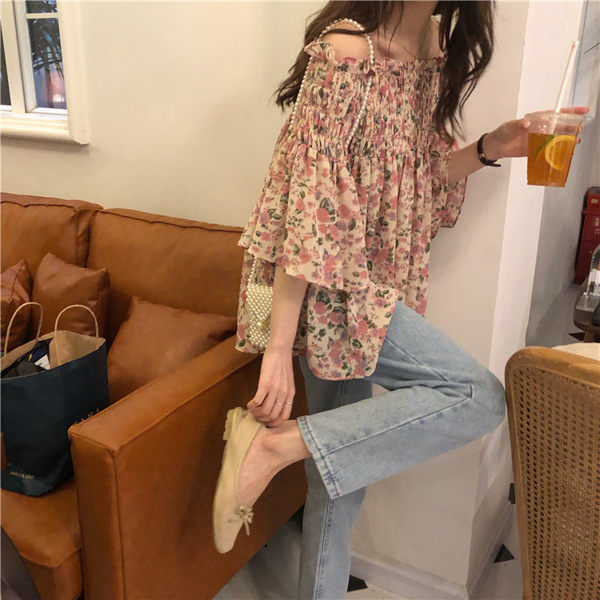 一字领上衣 撲啦啦簡約韓風甜美荷葉邊碎花襯衫女夏新款洋氣襯衣寬鬆上衣 曼慕衣櫃