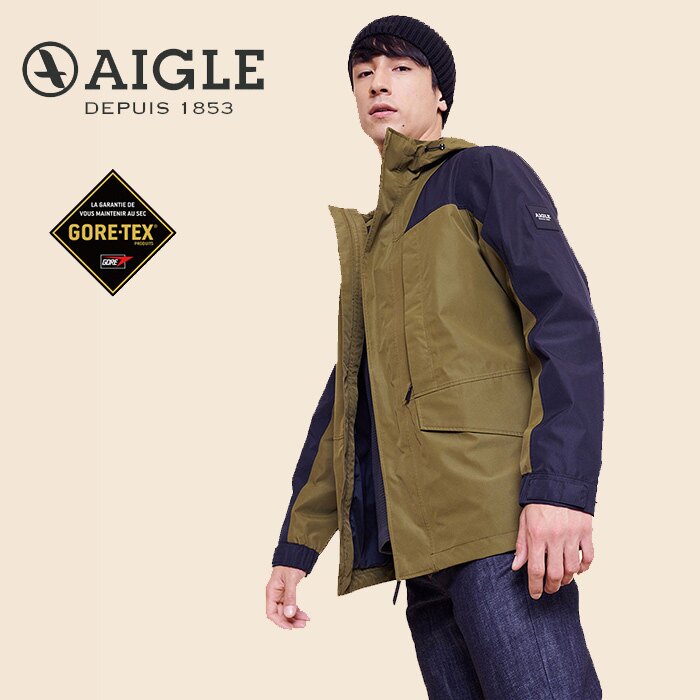 【AIGLE 法國】ACALIR GORE-TEX 防水外套 防水透氣外套 風衣 男款 軍綠色 (AG-0A108-A080)