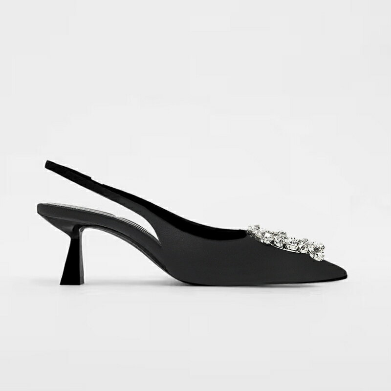 高跟鞋 瑪莉珍鞋 時尚高跟鞋 黑色尖頭高跟單鞋水鑽包頭涼鞋女2023年夏季新款細跟配裙子『JJ1223』