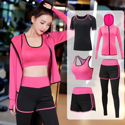 五件套瑜伽服運動套裝女健身房健身服跑步速干2019初學者瑜珈服