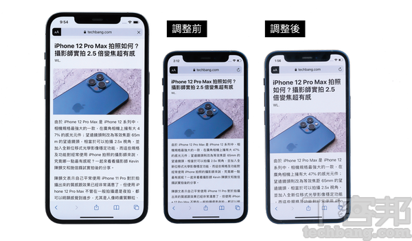 在Safari下開啟閱讀模式，可見Pro Max（左圖）可顯示內容較多，字體也較大，mini（中圖）顯示內容較少、字體也較小，但在字體調大（右圖）後，一樣有清晰的文字可以閱讀，只不過可顯示內容會更少，得多滑一下螢幕。