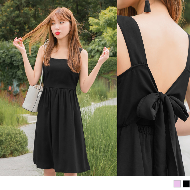 婚禮系列~後鬆緊蝴蝶結綁帶純色長洋裝