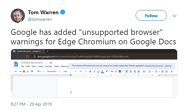 用了Chromium核心的Edge瀏覽器被爆不能用Google Earth等服務，微軟專案經理解釋原因