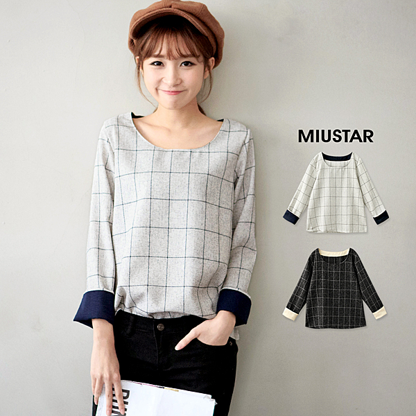 1002 韓國設計款挺版袖反摺配色圓領格紋上衣，質感高雅，氣質感大加分！