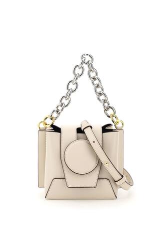 Yuzefi handmade leather bucket bag with removable chain handle. It features a removable and adjustab