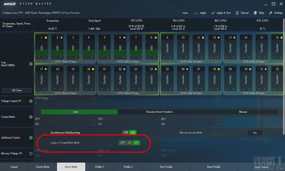 Ryzen Master 提供 Legacy Compatible Mode 調整選項，藉由關閉核心數量，相容因核心數量過多而出錯的程式。（註：Ryzen Threadripper 2970WX 與 2990WX 2 款處理器不提供 Memory Access Mode 調整選項）