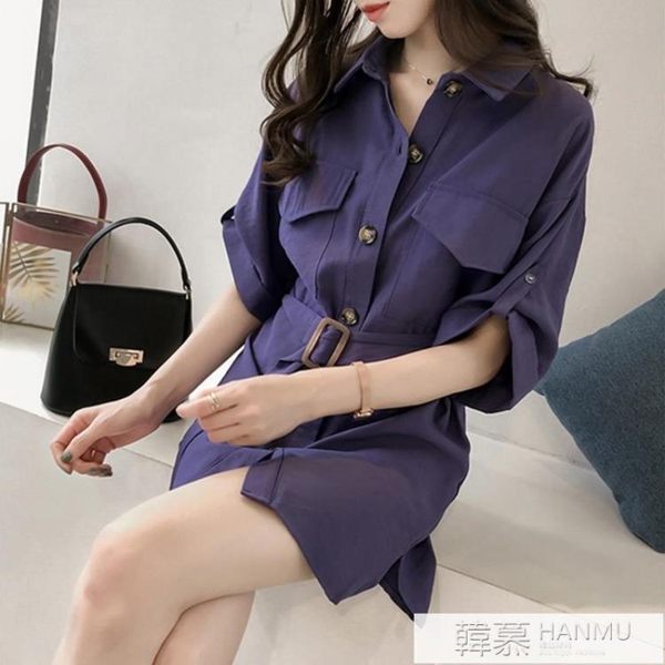 洋裝 加大碼夏裝中長款顯瘦百搭氣質收腰襯衫連身裙女寬鬆休閒t恤襯衣 韓慕精品
