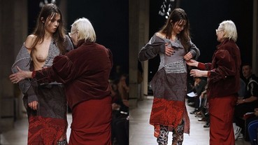 女模走秀時衣服敞開好窘困 Vivienne Westwood 本人親自上伸展台解救！