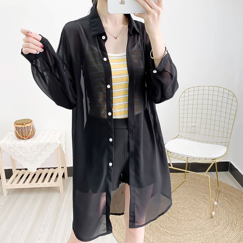 透膚長版開釦襯衫-efashion 預【m15770150】