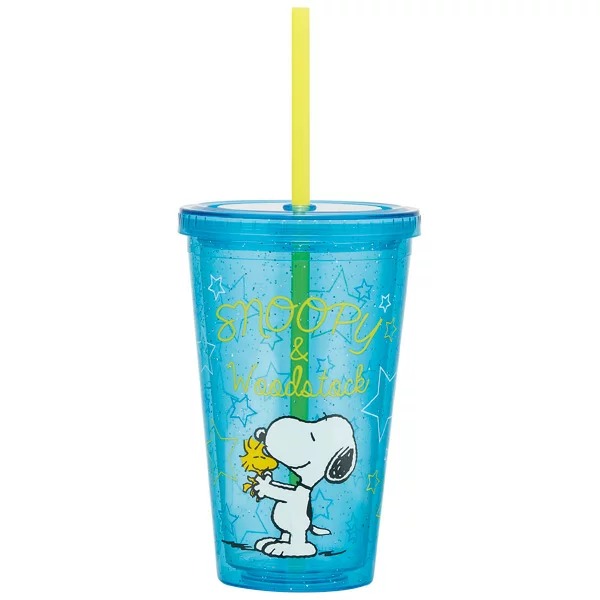 小禮堂 史努比 附蓋透明塑膠吸管杯《藍黃.抱抱》500ml.隨手杯.飲料杯