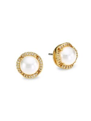 Goldplated round earrings with simulated faux pearl and cubic zirconia accent.; Glass pearl; Cubic z