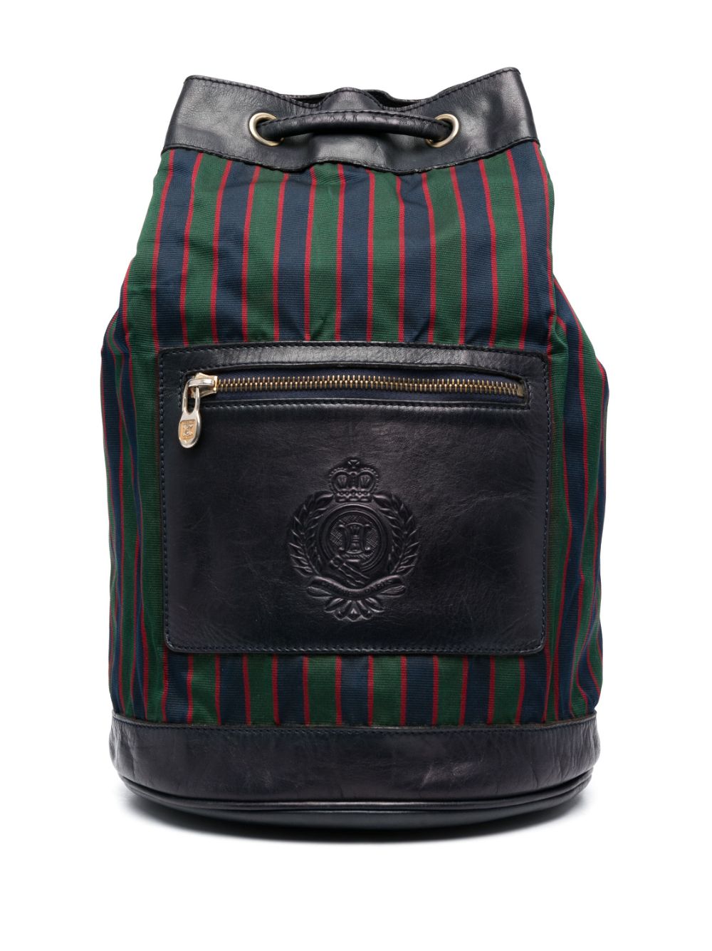 Céline Pre-Owned - 1980s logo patch striped bucket shoulder bag - women - Calf Leather/Fabric - One Size - Blue