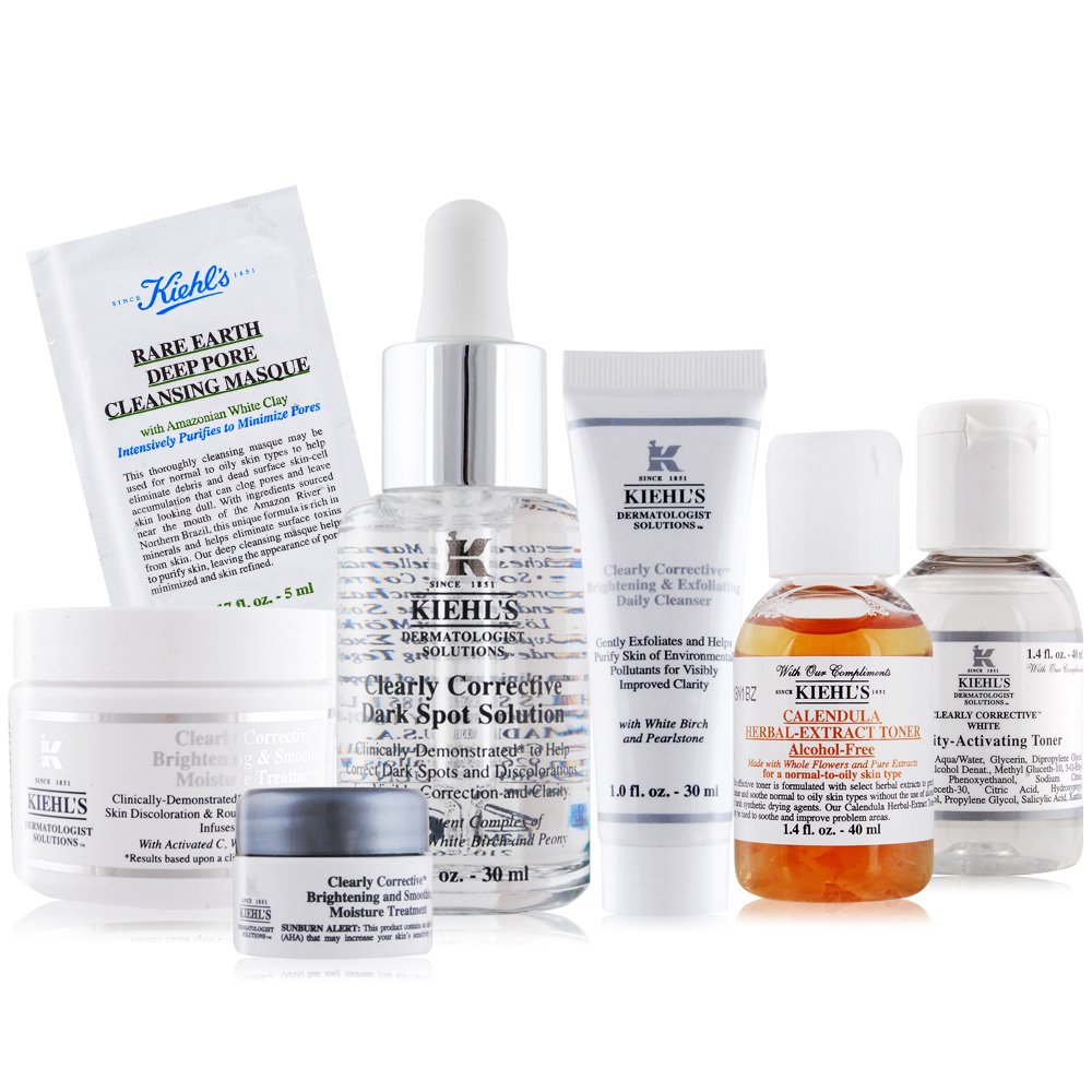 KIEHL＇S 契爾氏 淡斑淨白組[水凝凍+淡斑精華+金盞花水+去角質潔面膠+機能水+白泥面膜]