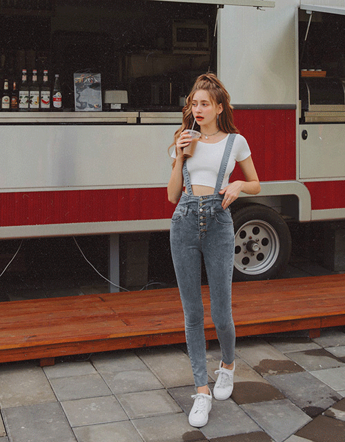 高腰顯瘦排釦吊帶牛仔褲