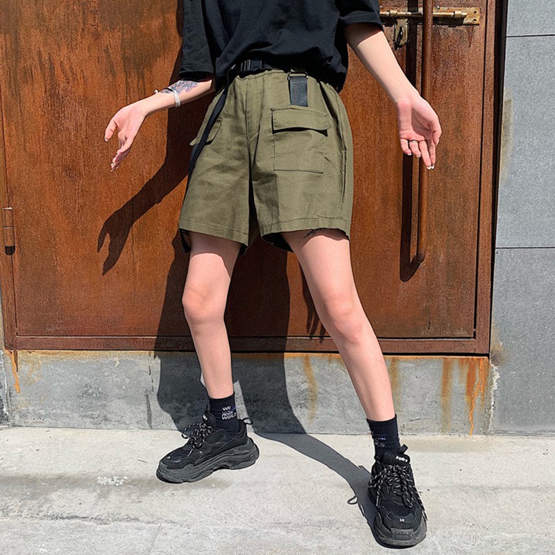 現貨實拍 送腰帶 帥氣男生工裝短褲 原宿BF風闊腿寬褲 學生直筒五分褲 韓版復古高腰寬鬆顯瘦休閒運動短褲