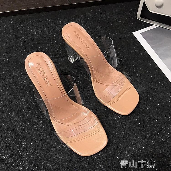 涼外穿2020年新款女鞋水晶網紅透明鞋子粗跟高跟夏季中