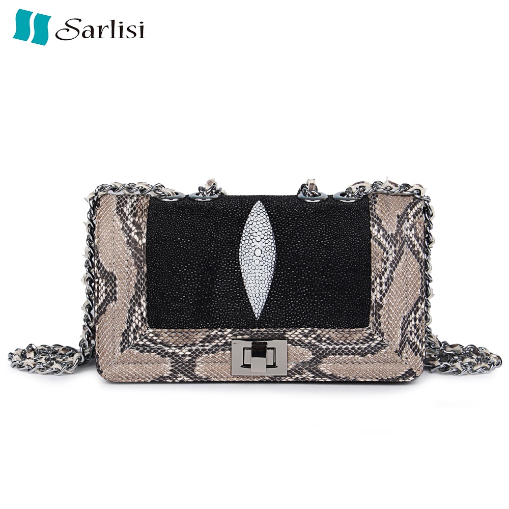【Sarlisi】夏麗絲泰國進口珍珠魚皮鏈帶包蟒蛇邊時尚晚宴斜背包真皮側背包小包