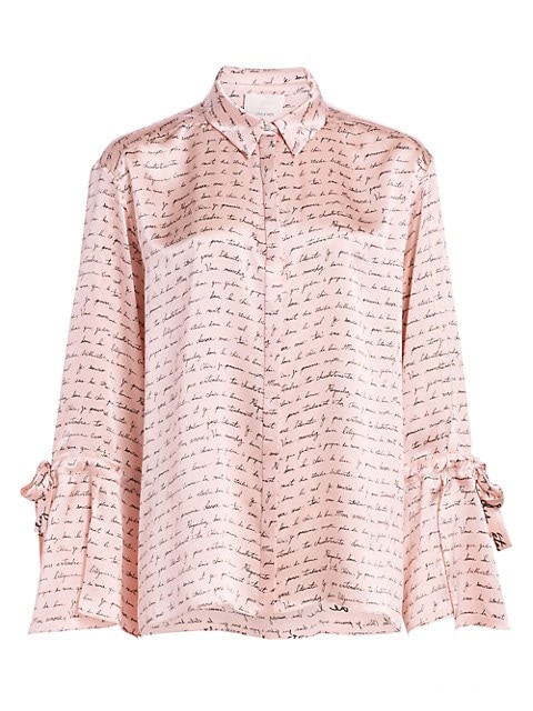 Chic silk blouse with handwritten motif and tie-up split cuffs.; Point collar; Long bell sleeves; Co