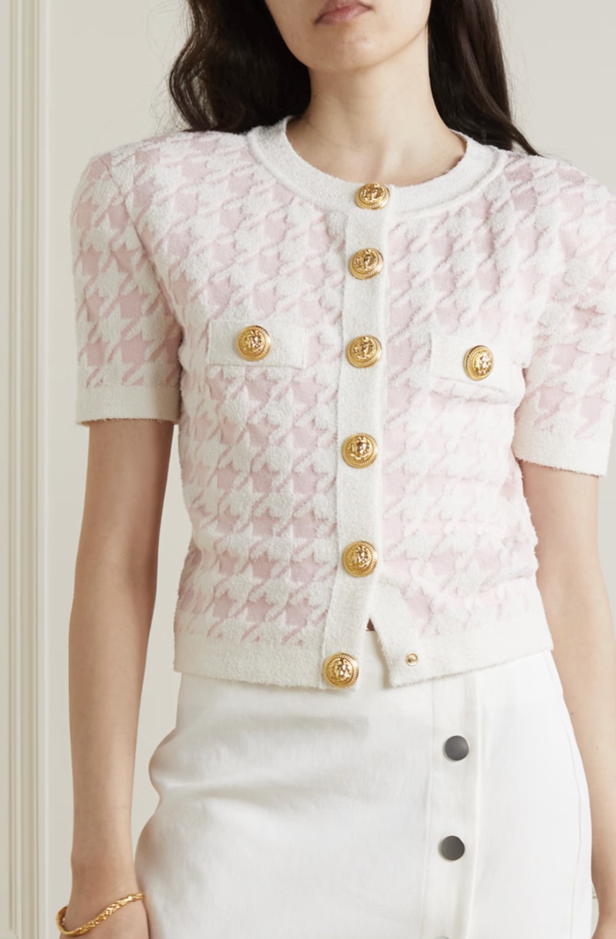 BALMAIN Cropped houndstooth jacquard-knit cardigan