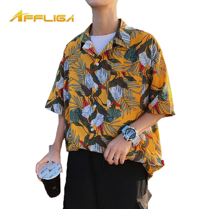 2019夏季新款夏威夷襯衫 短袖襯衫 翻領襯衫 日系滿版印花襯衫 潮流時尚男生花卉襯衫 休閒襯衫 沙灘短袖襯衣 短袖上衣