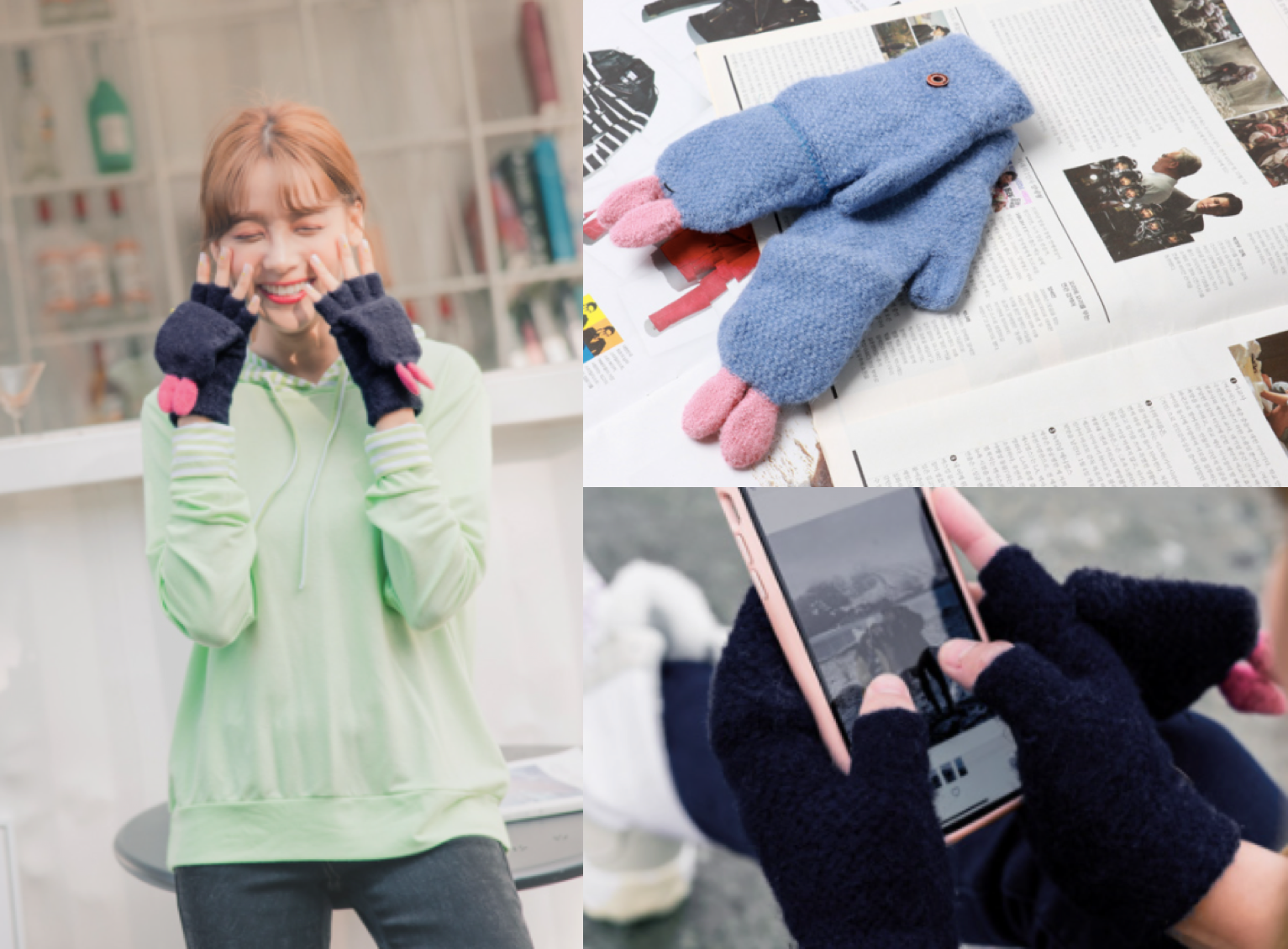 兩穿兔耳造型毛線手套/露指手套