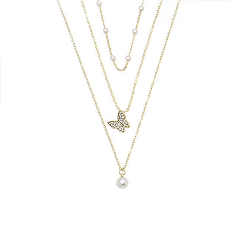 『時光物語』韓國時尚三層珍珠鋯石蝴蝶吊墜項鍊套裝