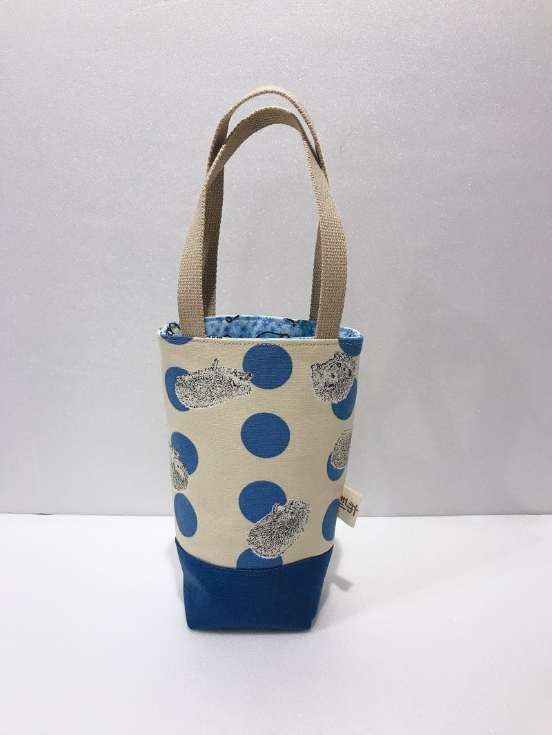 【束口手提袋-窄版開口】藍色圓點與小刺蝟