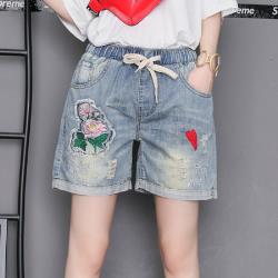 【JimmyWang】文藝刺繡鬆緊腰寬鬆顯瘦大碼中高腰反摺短褲-玫瑰款(網)