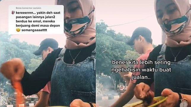 Nurul saat membantu kekasihnya jualan sate