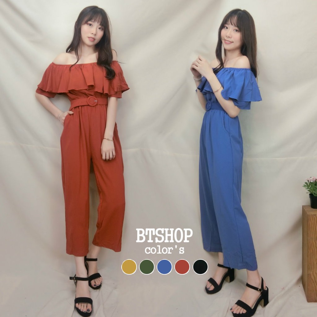 一字領露肩連身長褲【B003302】連身褲 一字領 露肩 長褲 寬褲 性感 喜宴穿搭 韓版 顯瘦 附腰帶 BTSHOP