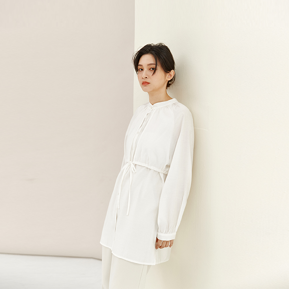 氣質中山領拼接綁帶透膚上衣-白